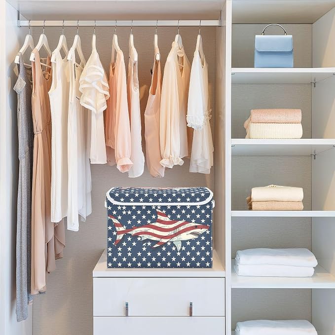 Fabric Storage Bins with Lid Patriotic Flag Shark Closet Storage Basket 40L | Decorative Storage Boxes, Foldable & Stackable, Dust-Proof Flip Top, Reinforced Handles, For Home & Dorm, Clothes & Toy Box