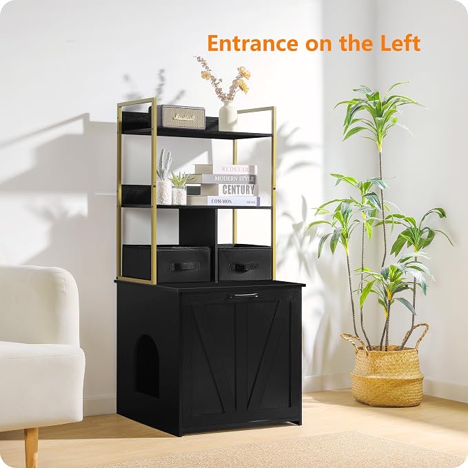 Dwanton Cat Litter Box Enclosure, 2 Storage Shelves and 2 Drawers, 50" H | 2-in-1 Hidden Cat Litter Box Enclosure Furniture with Shelf, Metal Frame, Reversible Entrance, Washable Drawers, Black+Gold