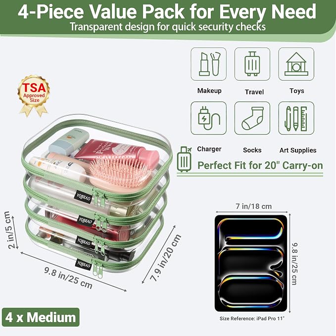 YQBRAO Clear Hard Shell Zipper Cases, 4 Medium Makeup Organizers, Green | Rigid 1.2 mm PET and YKK dual zippers for skincare, toiletries, chargers, notebooks and daily essentials