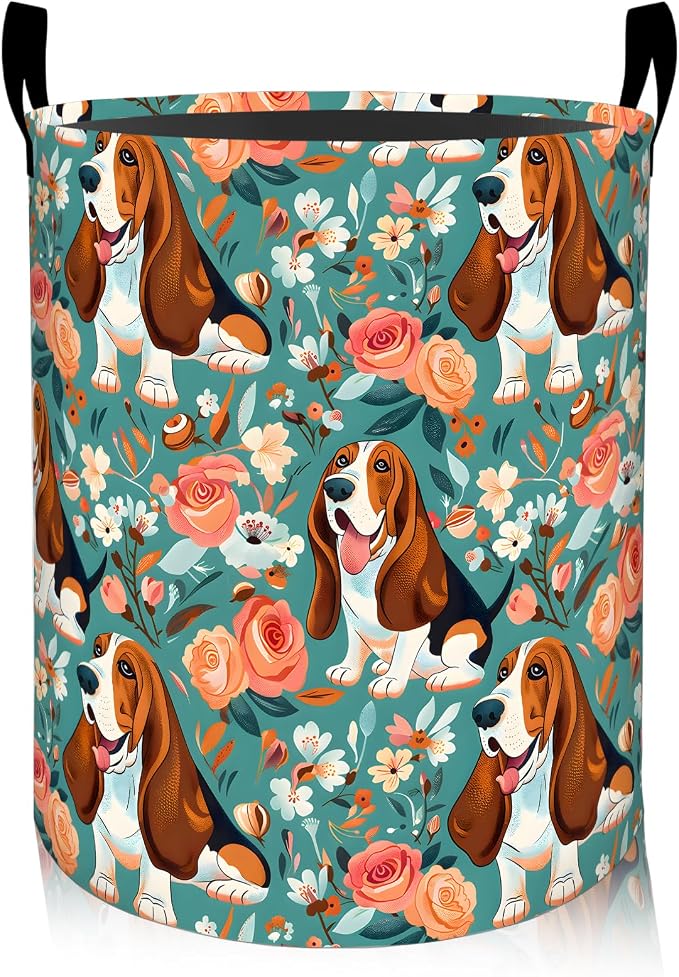 Basset Hound Dog Floral Laundry Basket, Oxford Cloth Playful Dirty Clothes Collapsible Hamper for Room Decor, Puppy and Flower Print Gifts Toy Organizer 19.7*15.7 Inch for Bedroom Bathroom Dorm