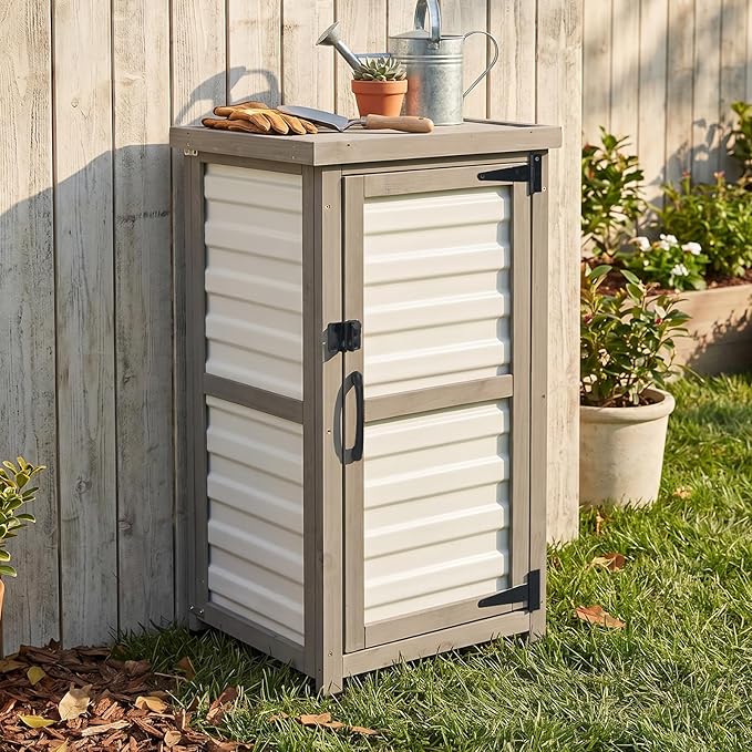 Outdoor Storage Cabinet with Metal Top, Wooden & Plastic Potting Bench & Tool Organizer, Adjustable Shelf for Patio Backyard Garden, Small Outdoor Cabinet for Tools