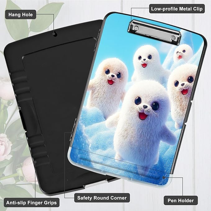 A4 Clipboard with Storage Pen Holder, Clipboards Organizer Nursing Clipboard Foldable File Folder Plastic Clipboard Folio Clip Board for Office Work Classroom Doctor, Snow Sea Lion