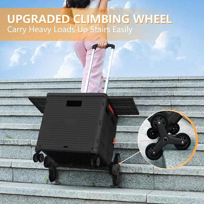 Foldable Utility Cart with Stair Climbing Wheels,Collapsible Rolling Crate with Magnetic Lid Telescopic Cover,Telescoping Handle,360° Rotate Wheel Hand Cart for Teacher Shopping Moving Grocery(Black)