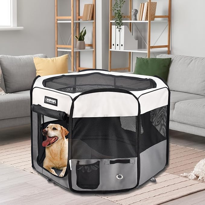 Jespet Soft Dog Playpen, Portable Pet Exercise Pen Kennel with Carry Bag | 2-Door, Easy to Fold, Ground Stakes, Zipper Locks, Large Storage Pocket, Washable Top Mesh Cover & Bottom Cover