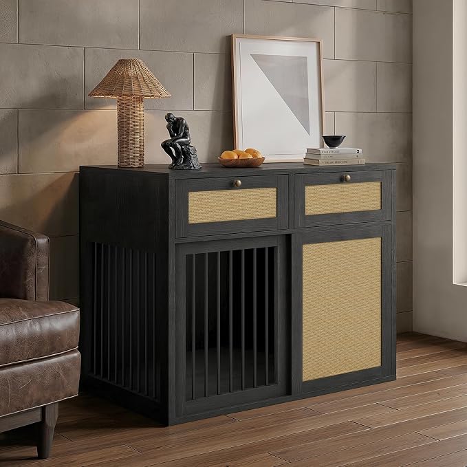 PureCozy Wooden Dog Crate Furniture, Left Unit, 40 Inch, Black Oak | Cane cabinet and metal sliding door with 2 storage drawers; furniture-style indoor kennel doubles as an end table.
