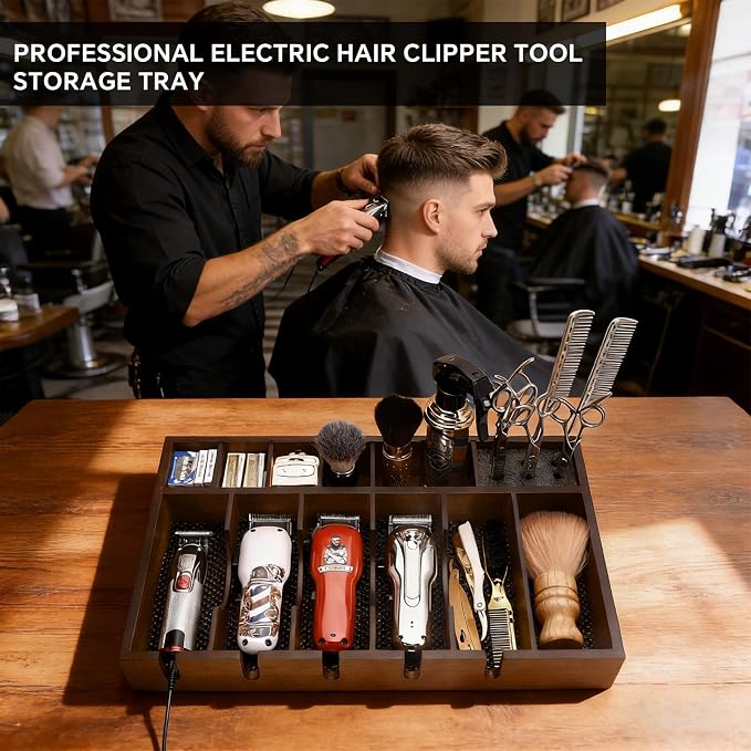 Barber Organizer Station, Wooden Multi-Functional Barber Accessories Storage Tray, Adjustable Multi-Slot Hairdressing Tool Storage Station Suitable for Hair Salons, Home Use, and Pet Shops