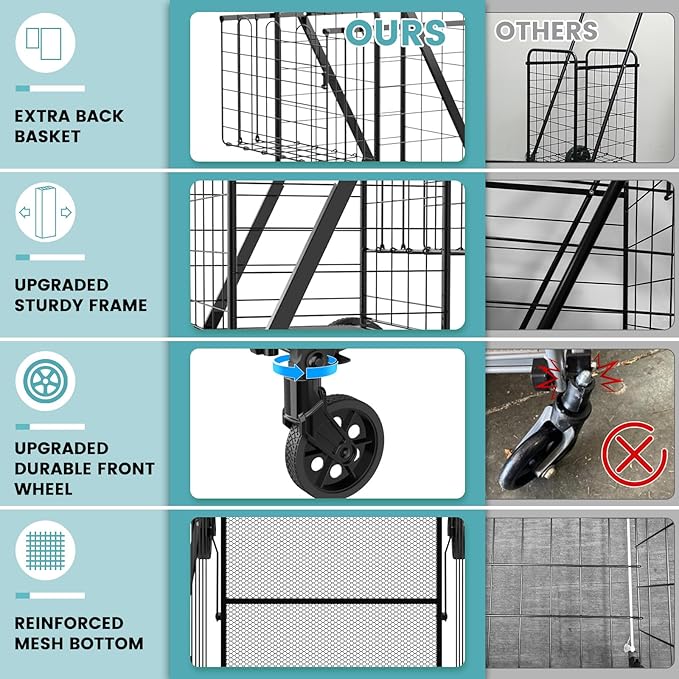 Upgraded Shopping Cart for Groceries,330LBS Jumbo Grocery Cart | Waterproof Liner, 360° Rolling Swivel Wheels and Double Basket, Heavy Duty Folding Shopping Carts for Laundry Transport