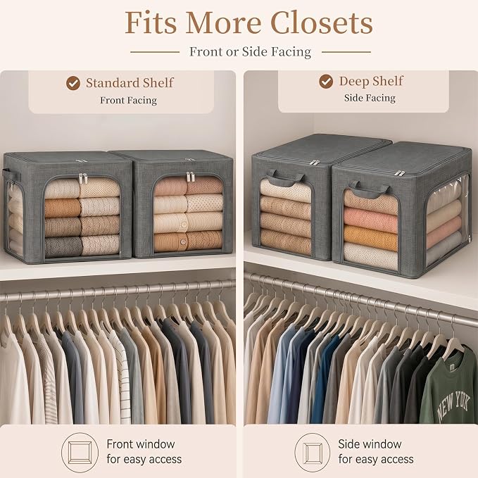 GoMaihe Clothes Storage Bins with Metal Frame for Sweaters, 40L 3-Pack Grey | Seasonal Clothes Hoodies Jeans, Closet Top Shelf Linen Closet Organizer, 3 Side Access Stackable Collapse-Proof, Clear Window
