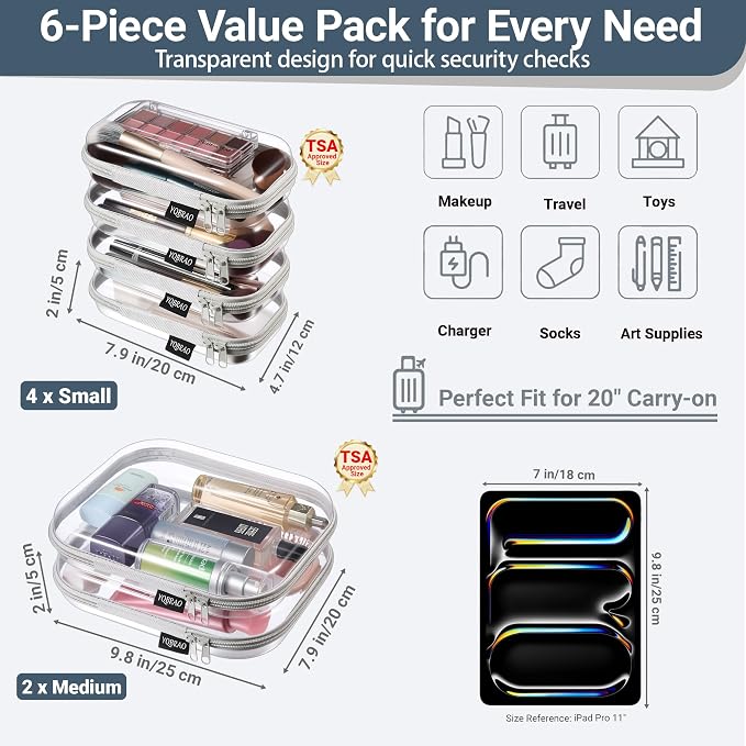 YQBRAO Clear Hard Shell Zipper Cases, 6 Travel Organizers, 2M 4S, Grey | Rigid clear shells in two practical sizes separate toiletries, skincare, cosmetics, chargers and frequently used accessories