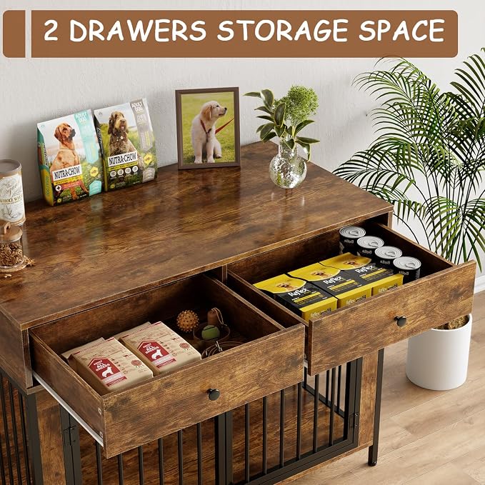 PUKAMI Large Dog Crate Furniture with 2 Drawers, 44 Inch Wooden Dog Kennel Indoor, Crate Furniture as Decorative End Table, Cage Furniture for Small Medium Large Dogs (New Brown, 2-Pack Set)