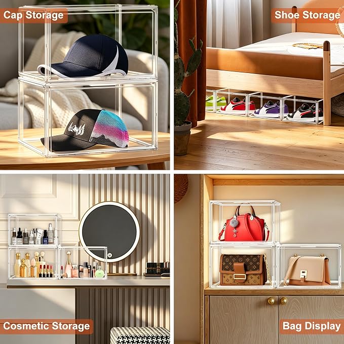 12 Pack Clear Acrylic Shoe Boxes, Wide Magnetic Door Shoe Organizer Size 12 | clear storage boxes for daily shoes, flats, low-top sneakers and closet storage,13.4 x 10.3 x 7.6 in