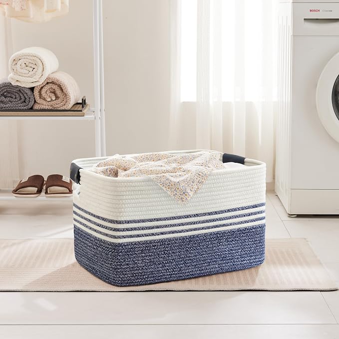 72L Woven Laundry Basket Hamper with Leather Handles,Denim Blue | collapsible wicker hamper, storage for dirty clothes, toys, blankets, gifts, living room, bedroom, bathroom, 22"x17"x12"
