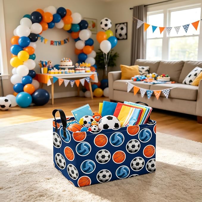 Rectangular Collapsible Storage Basket Nursery Toy Organizer Ball Sports | Storage Bin Foldable Canvas with Handles for Organizing Home Kitchen Children Toys Office Closet Shelf Baskets
