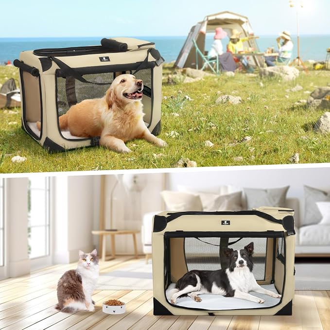 X-ZONE PET Dog Crate 3-Door Kennel, Collapsible Portable Soft Sided Pet Carriers for Indoor & Outdoor, Multiple (36-Inch, Rice White)