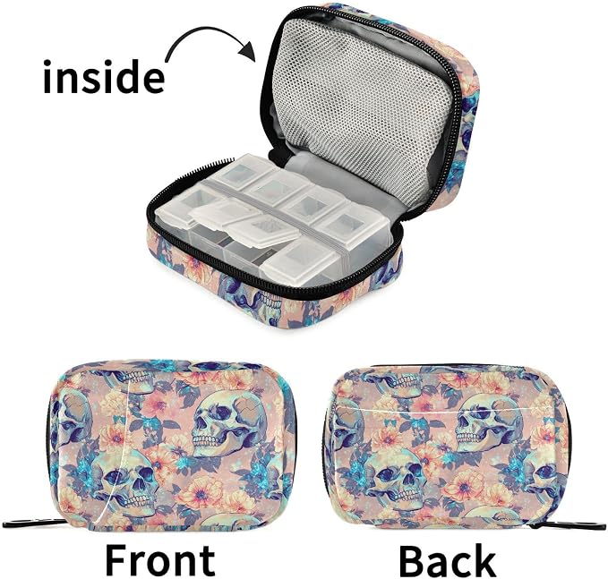 Fustylead Bright Beautiful Human Skulls and Flower Pill Organizer for Purse, Weekly Portable Pill Box with Zipper to Storage Vitamins Fish Oils Medications Supplements
