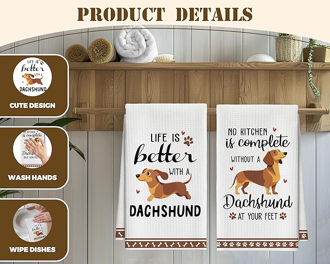 Kitchen Towels Set Of 2, Dachshund Dish Towel For Kitchen, Decorative Hand Towels For Bathroom, Fast Drying Tea Towel With Funny Sayings, Housewarming Gifts For Wiener Dog Lover Women Mom -B03