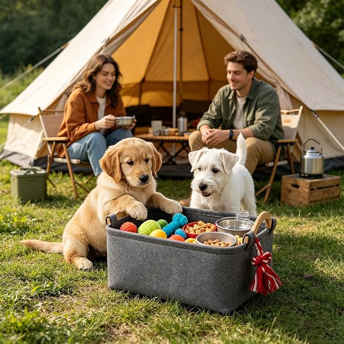 Dog Toy Bin Felt Cute Foldable Organizer with Wooden Handle | Pet Toy Basket for Kids Blankets Collars Leashes Indoor Outdoor Home Garage Dorm Traveling Laundry Room