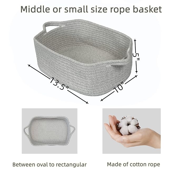 XUANGUO Medium Woven Cotton Rope Storage Basket with Handles, Light Grey | Small decorative rectangle storage bin for baby nursery items and cat toys; ideal as an empty gift basket or dog toy basket