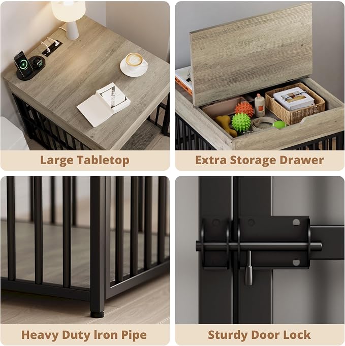 IRONCK Dog Crate Furniture for Small Dogs, Gray | Wooden Dog Kennel with Flip Top Drawer, Indoor Pet Crate End Table with Charging Station, Steel-Tube Dog Cage