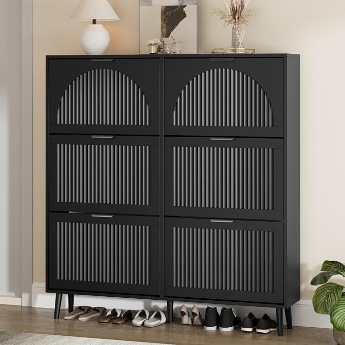 Shoe Storage Cabinet with 6 Flip Drawers, Narrow Wood Shoe Organizer Cabinet with Fluted Panel, Slim Shoe Rack for Entryway, Freestanding Shoe Cabinet for Living Room, Hallway, Black