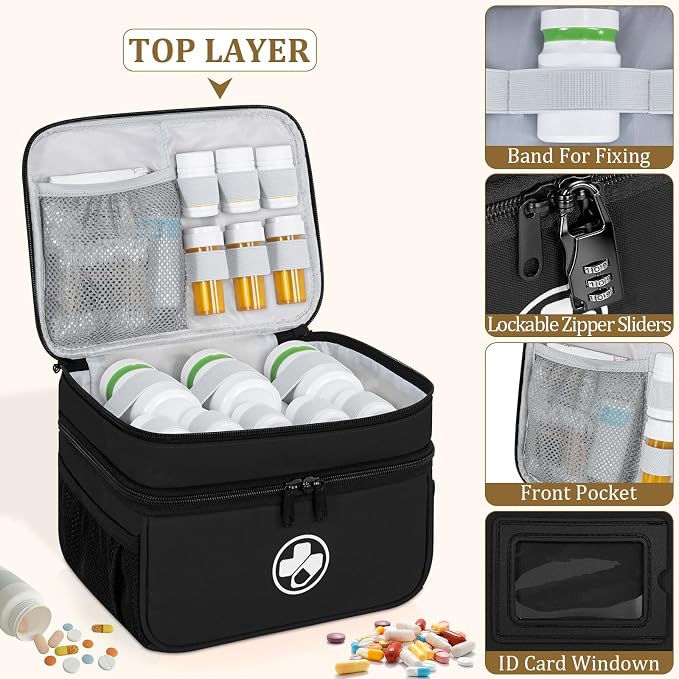 Dual Layers Medicine Organizer, Lockable Travel Pill Bag, Black | Adjustable dividers for neat pill organization. Durable zippers & portable design suit daily use, travel or first aid kit