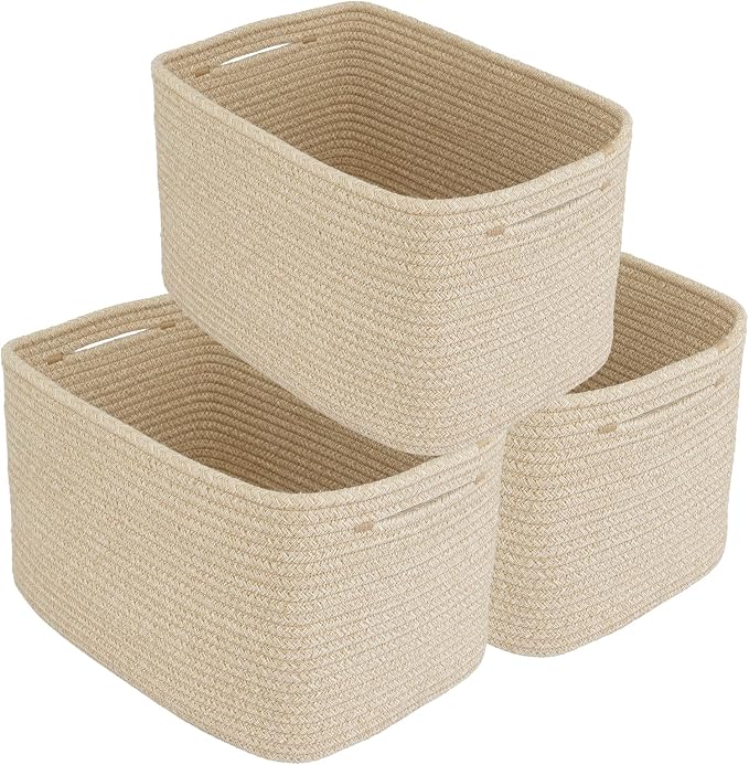 XUANGUO Woven Cotton Rope Storage Baskets 15x10x9.3" 3 Pack Oatmeal | Decorative rectangular storage baskets for shelves and closets; storage bins organize clothes, toys, books and nursery items