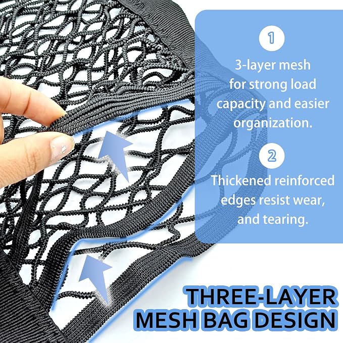 3-Layer Car Mesh Organizer, Stretchable Elastic Pet Dog Kid Car Net Barrier, Universal Seat Back Storage Net Bag Pouch, Tissue Purse Cargo Holder Between Front Seats for Cars SUVs Vans
