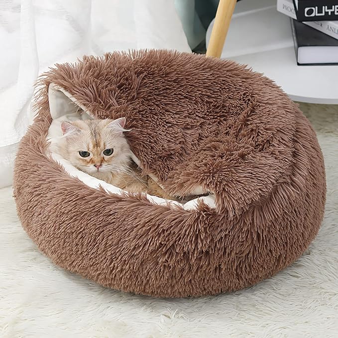 15.8'' Soft Round Plush Faux Fur Pet Bed for Cats or Small Dogs, Anti-Anxiety Cat Bed Puppy Bed, Washable Fluffy Anti-Slip Mute Base, Soft Pet Round Bed, Snooze Sleeping Cozy Kitty Kennel (Brown)