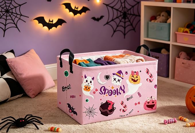 Rectangle Kids Baskets Halloween Basket Pink Storage Bin Fish Box for Room Decor Gift Basket(Pink halloween)