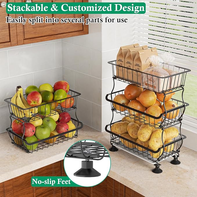 OKZEST 5 Tier Fruit Basket for Kitchen, Stackable Bins Wire Rack with Wheels, Fruit and Vegetable Storage Basket Pantry Food Snack Organizer Shelf, Kitchen Storage Cart for Onion and Potato, Produce | Kitchen pantry organizer rack with dirt catch tray,...