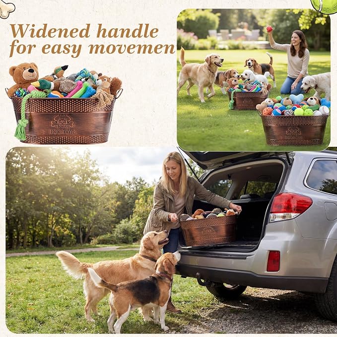 Zonon Metal Dog Toy Storage Bin with Handles 21 Quart Vintage Decorative Basket for Dog Ropes Food Living Room Decor, Galvanized Steel Pet Toy Organizer, 18x11.5x7.5 Inch(Chewing Stick)