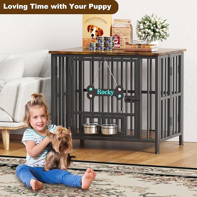 Easycom 31" Dog Crate Furniture Foldable, No Assembly, Rustic Brown | Decorative Wooden Dog Kennel Indoor With Adjustable Bowls and Name Tag, Medium Dogs(20-35 lbs), End Table