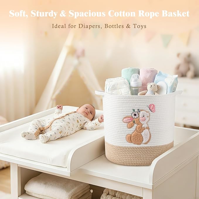 Large Blanket Baskets for Living Room, Bunny Baskets Toy Storage Basket Woven Cotton Rope Basket for Kids, Toys Organizer Clothes Hamper with Embroidery, Laundry Hamper Nursery Decor ( Large )