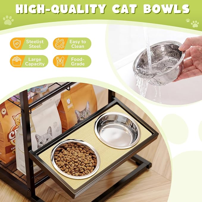 Elevated Cat Bowl Stand Feeding Station, 3-Tier Cat Food Organizer & Storage, Pet Feeding Station with Cat Table, Cat Food Stand for Large Medium Cats, 3 Height Adjustable, Black