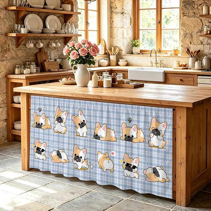 Cute Puppy Sink Skirt for Bathroom, Self-Adhesive Under Sink Curtain, Blue Purple Plaid Modern Funny Dogs Pet Hide Pipes & Storage Fabric Cabinet Skirt Cover for Kitchen Laundry 32"x55"