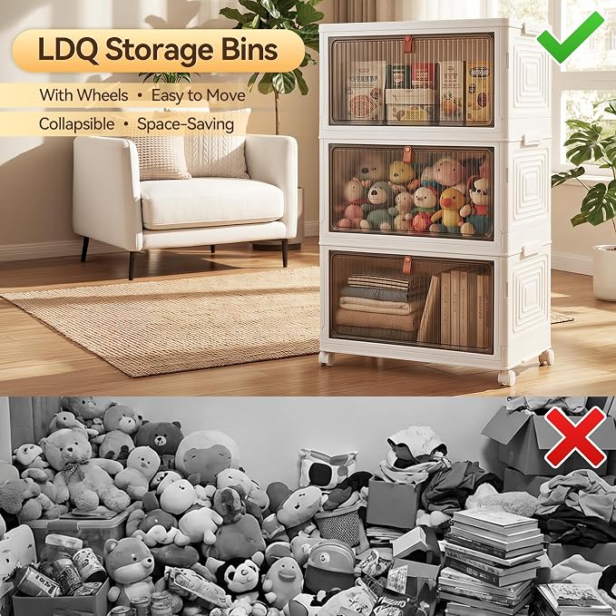LDQ Storage Bins with Lids, 3 Tier 69QT Stackable Storage Cabinet, Foldable Closet Organizer with Doors & Wheels, Plastic Storage Drawers for Bedroom, Living Room, Bathroom