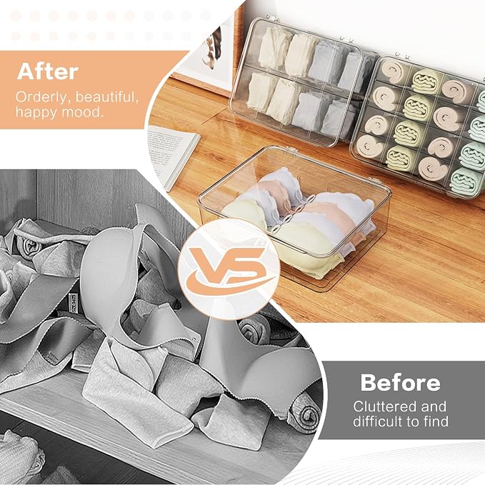 2pcs Sock Underwear Organizer, Sunoyar 16 Compartment Adjustable Dividers Tie Bras Socks Underwear Drawer Organizers for Closet, Clear Plastic Storage Containers Box with Lids for Ties Bra Scarf Socks