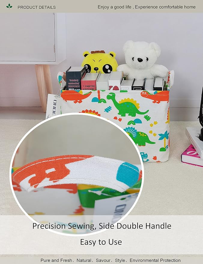 Rectangular Dinosaur Laundry Storage Bin for Adults and Kids | Damp resistant canvas fabric, sturdy stitched carry handles, foldable design organizes closet and playroom daily supplies