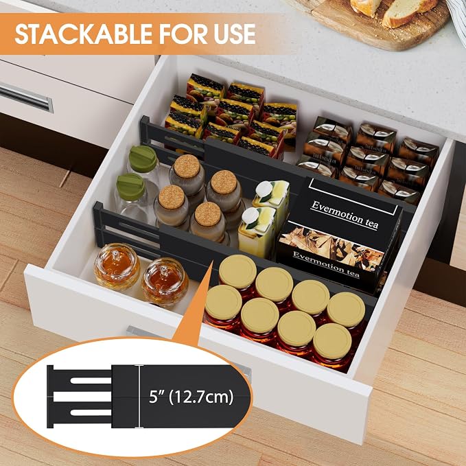 Bamboo Drawer Dividers, Adjustable Drawer Organizers, Fits 12.6–16" Drawers | 2.5" High, 4 Pack Expandable Drawer Separators for Kitchen, Nursery, Dressers & Office Storage, Black