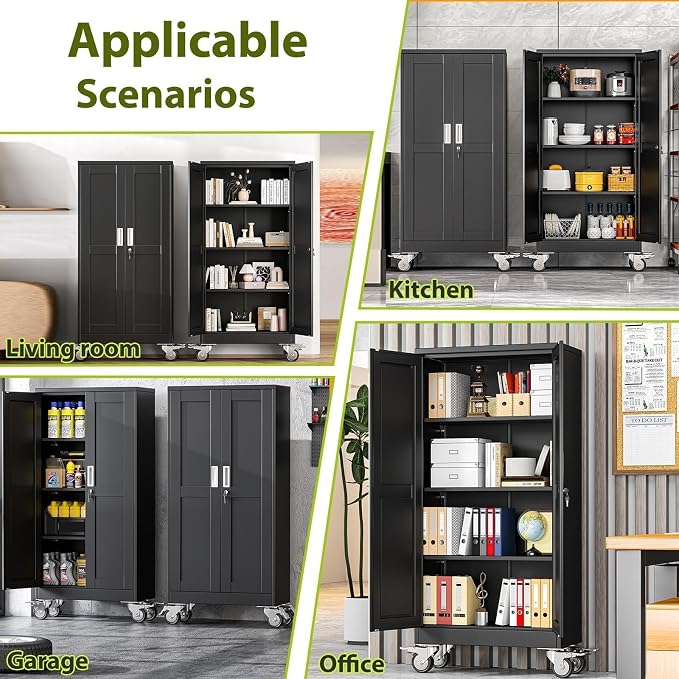 61-Inch Metal Garage Storage Cabinet with Wheels, Locking Doors and Shelves | 3 Adjustable Shelves, Locking Doors, Magnetic Closure, 360° Casters, Anti-Tip Kit, Cold-Rolled Steel