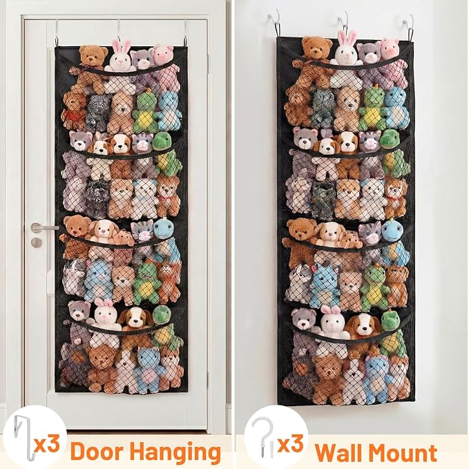 Over The Door Stuffed Animal Storage, Wide, Cotton | Toy Organizer for Storage Plush Toys, Stuffed Animal Holder with 4 Large Pockets, Hanging Door Organizer for Nursery