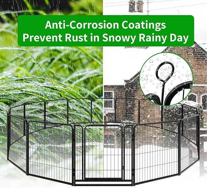 Kfvigoho Dog Playpen Outdoor Extra Wide 16 Panels Heavy Duty Dog Fence 32" | Anti-Rust Coating-Strengthened Dog Fence with Doors Portable for RV Camping Yard, Total 42FT, 140 Sq.ft, Snowy Black