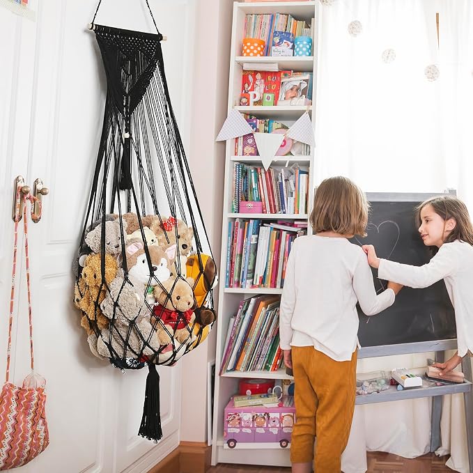Amdermi Stuffed Animal Net or Hammock Corner or Wall Hanging Net for Plush Toy Storage Boho Macrame Toy Display Nursery Bedroom Decor Stuffy Animal Toy Organizer (Black)