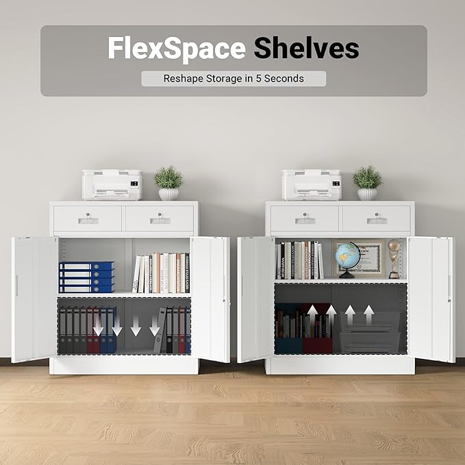 CJF Metal Storage Cabinet, Locking Storage Cabinet with Doors and 2 Drawers, Metal Cabinets for Office/Home/Garage 36" H x 32" W x 16" D (White)