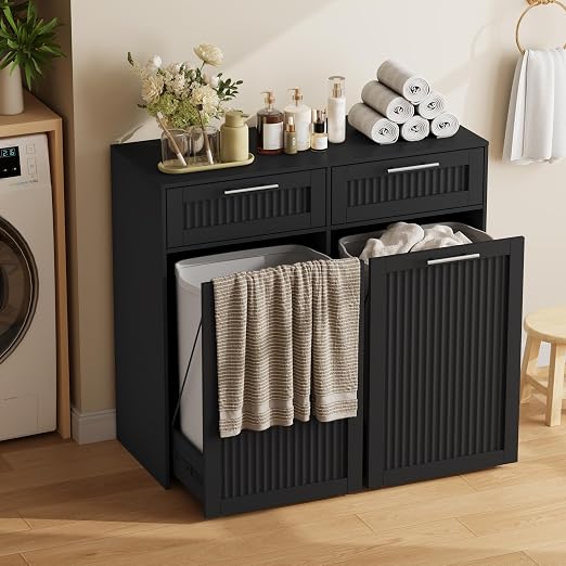 2 X 13 Gallons Pull Out Trash Can Cabinet, Double Trash Cabinet, Black | Fluted Kitchen Trash Cabinet with Drawers, Freestanding Hidden Garbage Pet Proof Trash Can Holder for Laundry, Living Room