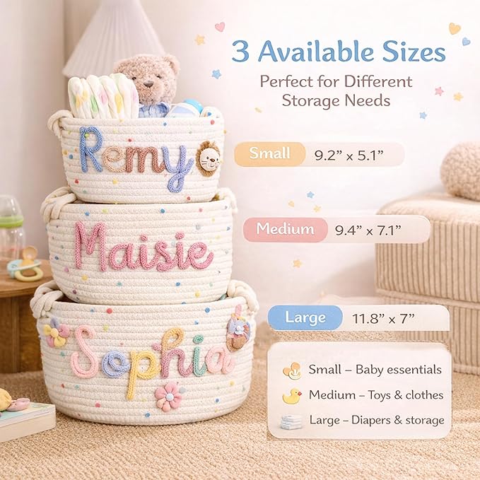 MBBEST Personalized Baby Basket with Name, Cotton Rope Nursery Storage Basket, Custom Baby Shower Basket, Small Diaper Caddy Organizer for Boys & Girls，Cute Girl & Boy Baby Gifts