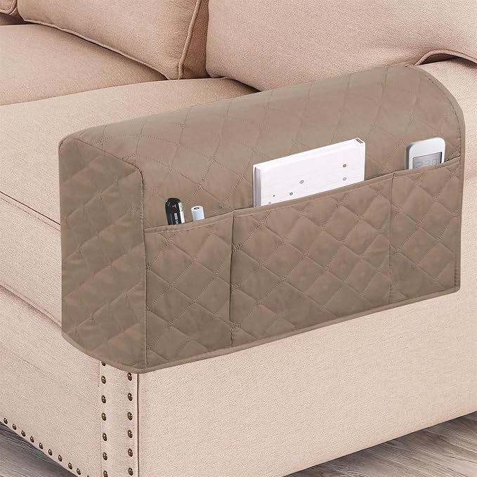 2 Pcs Waterproof Couch Arm Covers Dirty-Resistant Anti-Scratch Arm Rest Covers for Sofa with Side Pocket Anti-Slip Arm Chair Covers, Armrest Organizer(Khaki)