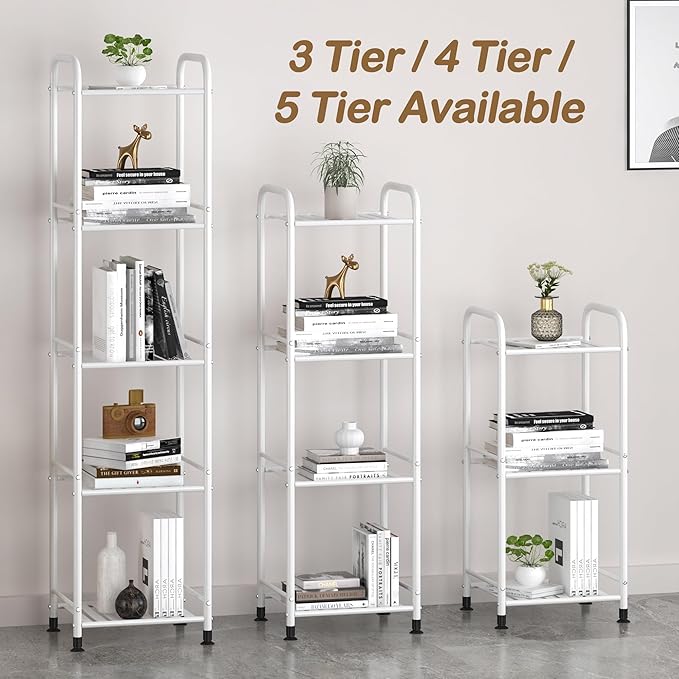 JSB 5 Tier Narrow Bathroom Shelving Unit, Kitchen Storage Rack Organizer Metal Corner Shelf for Living Room Laundry Pantry (Matte White, 5 Tier)