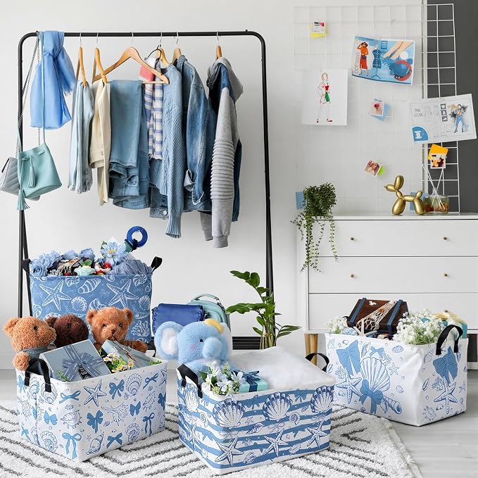 4pcs Christmas Storage Basket Fabric Laundry Baskets with Handle Xmas Foldable Organizer Boxes for Office Home Baby Cloth Toy Book 15 x 10 x 8(Summer Shell)