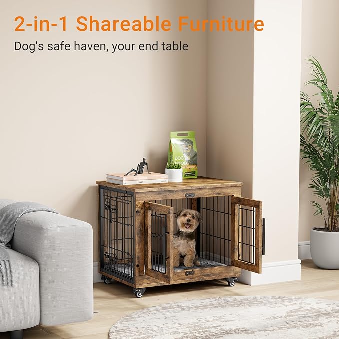 2 Pack Dog Crate Furniture, 27.1'' Heavy Duty Kennel with Cushion & Wheels | Rustic Brown, Double Doors, Wooden Dog Cage, Chew-Resistant, End Table, Decorative, 27"/32"/38"/44" Options, Indoor